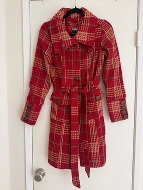 Pepper Red Plaid Wool-Blend Belted Coat size XS